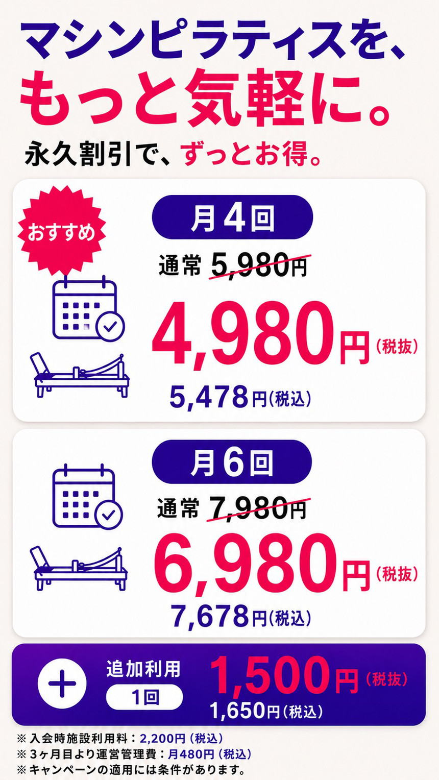 マシンピラティスを、もっと気軽に。永久割引で、ずっとお得。(おすすめ)月4回:通常5,980円→4,980円(税抜)、税込5,478円。月6回:通常7,980円→6,980円(税抜)、税込7,678円。追加利用:1回1,500円(税抜)、税込1,650円。※入会時施設利用料:2,200円(税込) ※3ヶ月目より運営管理費:月480円(税込) ※キャンペーンの適用には条件があります。