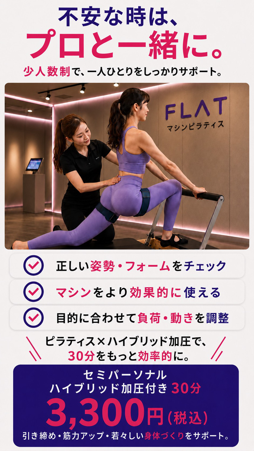 不安な時は、プロと一緒に。少人数制で、一人ひとりをしっかりサポート。正しい姿勢・フォームをチェック。マシンをより効果的に使える。目的に合わせて負荷・動きを調整。ピラティスxハイブリッド加圧で、30分をもっと効率的に。セミパーソナル・ハイブリッド加圧付き30分:3,300円(税込) 引き締め・筋力アップ・若々しい身体づくりをサポート。